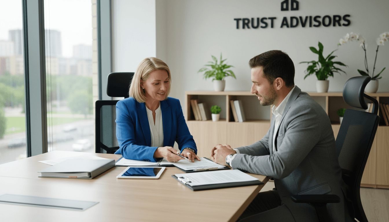 Asesor de seguros profesional en reunión con cliente en oficina moderna de Jaén