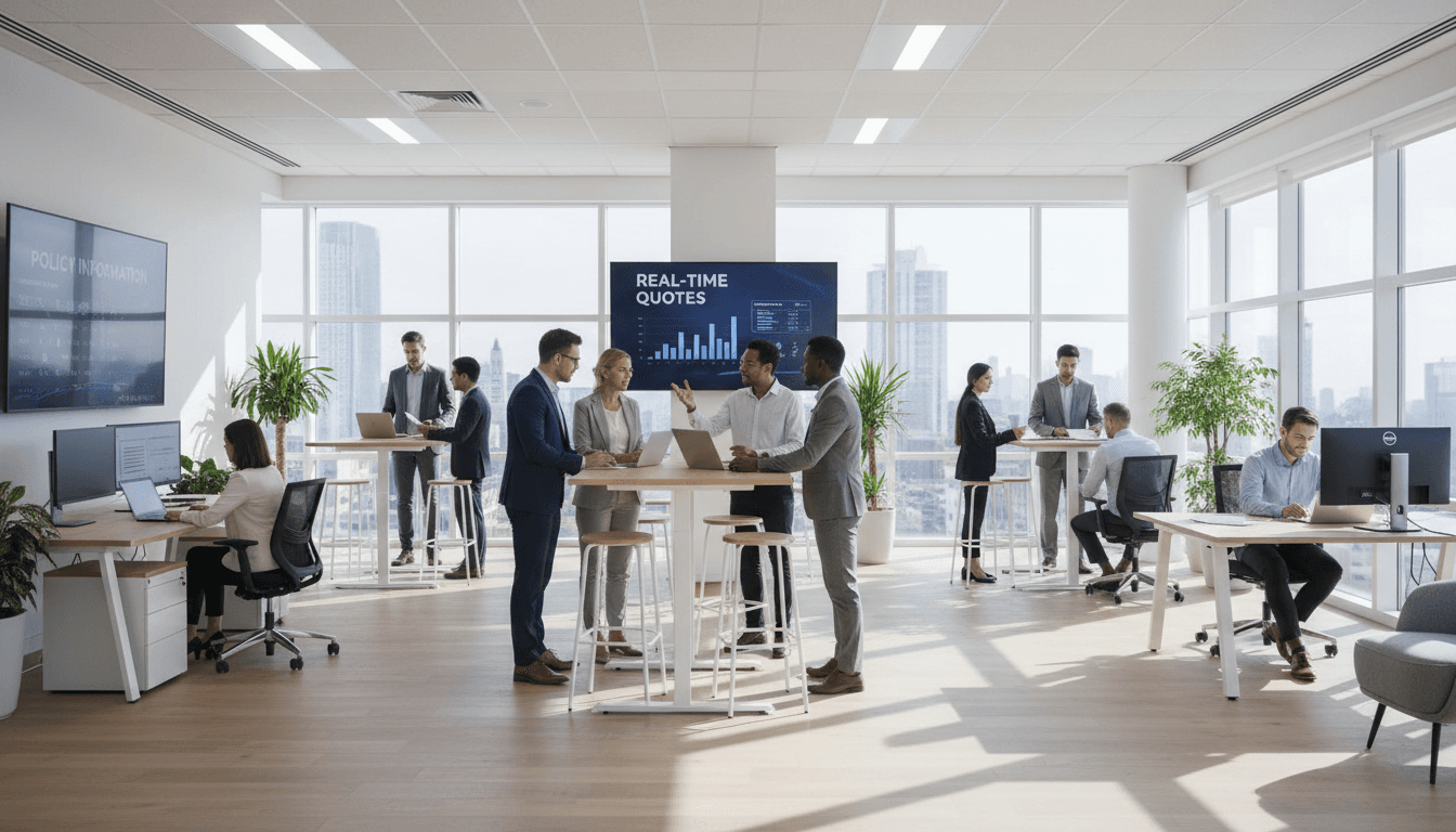 Asesor de seguros profesional revisando pólizas en oficina moderna de Jaén